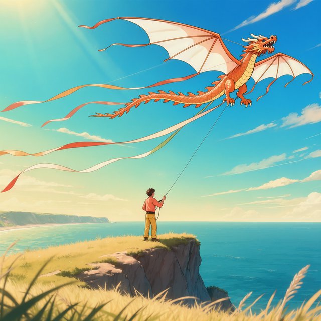 Cel-shaded anime illustration of an adult kite maker testing a vast translucent dragon-shaped kite on a windy coastal bluff, ribbons streaming above wild grasses and distant cliffs. Palette of coral, turquoise, butter yellow, and deep blue, with clean contours and a luminous sky. — Kling v3 Omni