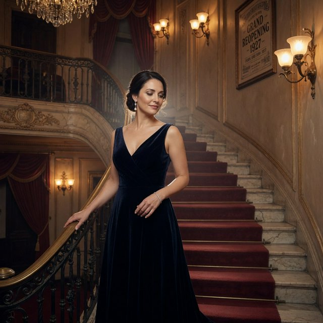 Editorial glamour photograph of an adult woman in a midnight-blue velvet evening gown, standing naturally beside a curved staircase in an old theatre, warm flattering sconce light, relaxed shoulders, poised expression, refined cinematic elegance. — Grok Imagine Image Quality