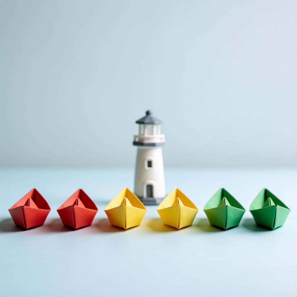 Exactly six folded paper boats sit on a pale blue tabletop: two red boats on the left, two yellow boats in the center, and two green boats on the right. A small white lighthouse figurine stands behind the center pair, nothing else. — Krea 2 Medium