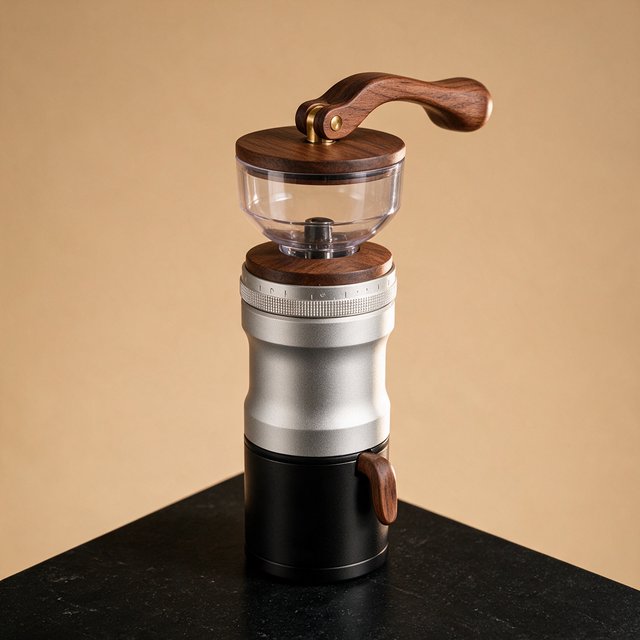Commercial product photograph of an unbranded portable espresso grinder crafted from anodized aluminum with walnut accents, resting on a black stone surface against a warm beige background, illuminated by broad diffused studio light and a subtle edge highlight. — Seedream 5.0 Pro