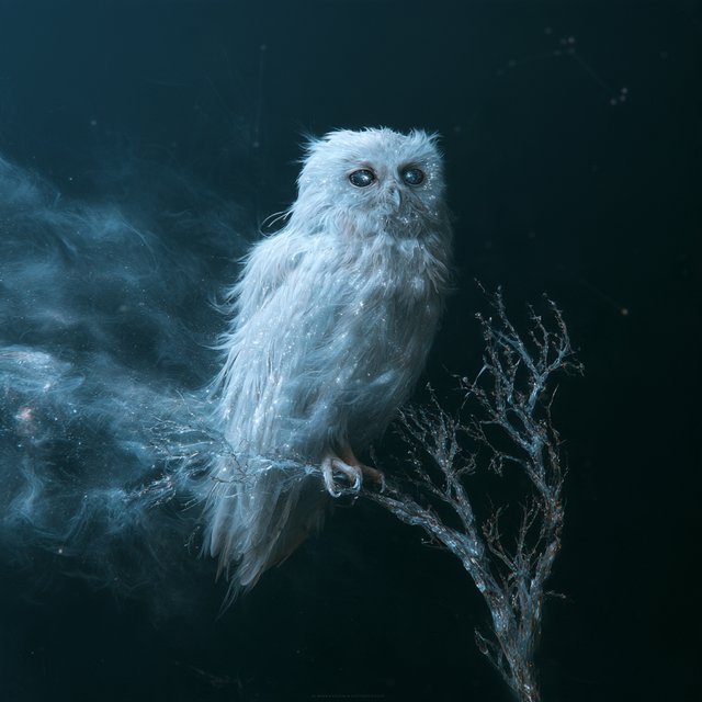 An ethereal owl with feathers made of shimmering moonlight and eyes like miniature galaxies, perched on a branch of a crystalline tree that grows in a void. Wisps of cosmic dust drift around it, and faint constellations are visible in the background. The scene evokes a sense of profound tranquility and celestial mystery. Style: Ethereal, surrealism, with a touch of photorealism. — Midjourney V8.2