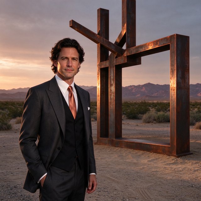 Editorial glamour photograph of an adult man in a charcoal evening suit with a muted copper tie, standing at ease beside a desert art installation, flattering sunset light warming the sculptural landscape, composed expression and refined magazine atmosphere. — Seedream 5.0 Flash