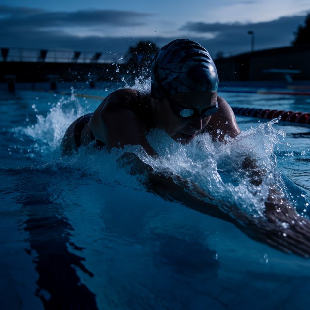 Under the blue-hour floodlights, an adult swimmer drives off the starting block into an outdoor pool. A real-world sports press photo, shot at 200mm with shallow depth of field, captures beads of water suspended around her shoulder. — Krea 2 Medium