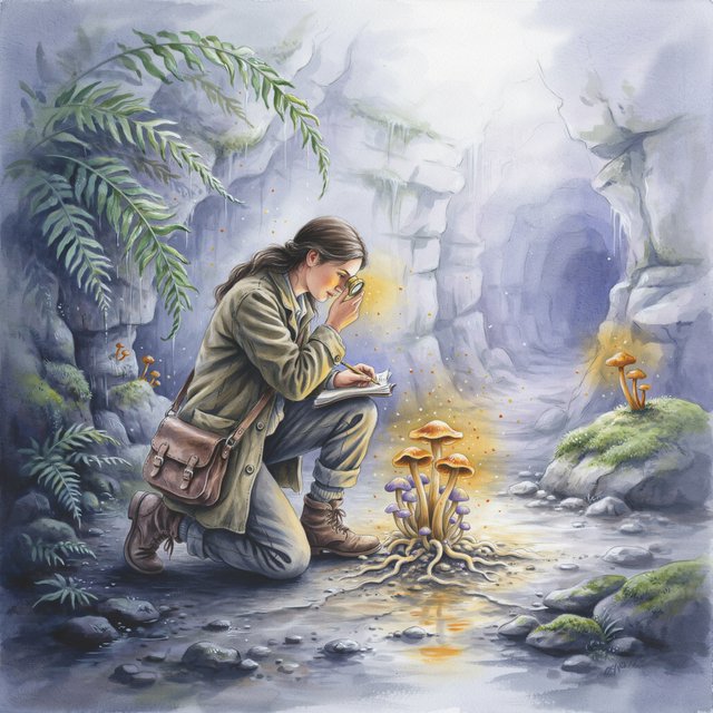 Watercolour illustration of an adult botanist studying luminous fungi in a misty cave, with fern fronds, glistening stone and drifting spores. Palette of jade, lilac, amber, and deep indigo, with translucent washes. — Ideogram v4