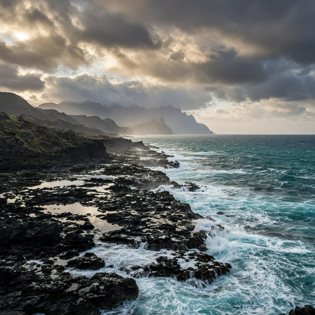 A rugged volcanic coastline under clearing storm clouds at late afternoon, black basalt shelves descending into turquoise surf, sea spray clinging to jagged rocks, tide pools reflecting distant cliffs and layered mountains fading into rain haze. — Grok Imagine Image 2