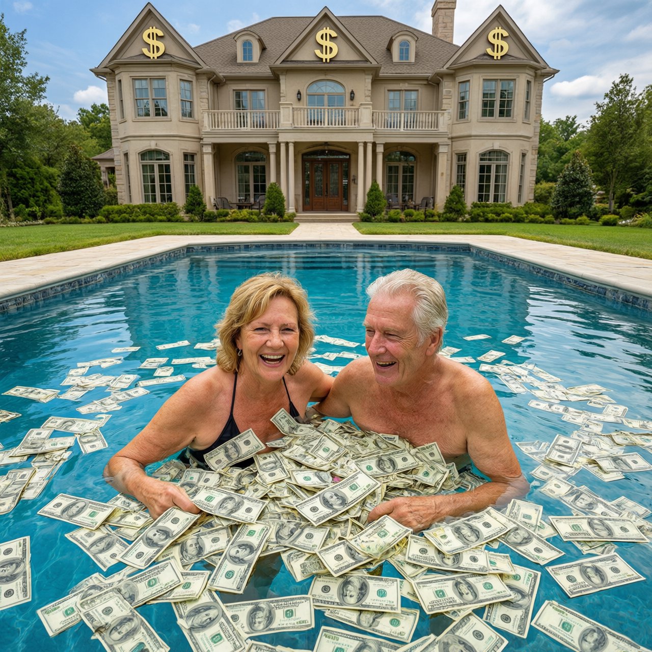 A wealthy adult couple swimming in a huge pool full of money, near a huge mansion with dollar signs on it, with a fun, happy vibe. — Qwen Image 3.0 Pro