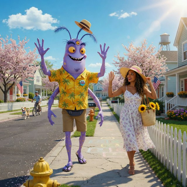 Alien monster walking down the street, greeting a beautiful woman walking toward him down the street on a lovely sunny day! — Grok Imagine Image Quality
