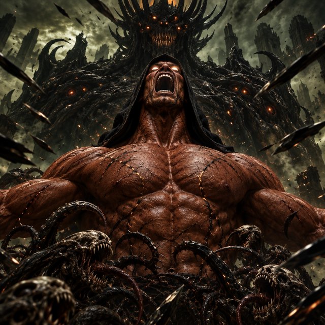 A colossal muscular berserker erupts in a primal roar, framed from the waist upward at a dramatic low angle. His head tilts back, glowing ivory eyes fixed upward, mouth stretched impossibly wide with clearly defined teeth and a cavernous dark interior. A close-fitting black hood frames his angular face, while his bare bronze-red torso displays monumental musculature, fine scars, and jagged surface fissures. Both upper arms thrust outward, elbows and hands beyond the frame, creating a broad, forceful silhouette. Behind him looms a towering obsidian demon with a crown of needlelike horns, scattered ember eyes, a serrated grin, and massive shoulders formed from twisted organic armor. Smaller snarling creatures coil across the lower foreground, their skull-like heads and hooked tendrils overlapping his waist. Razor-shaped fragments sweep diagonally through the scene, directing attention toward his illuminated face and chest. A ruined abyss recedes through smoky olive-green and charcoal haze. — GPT Image 2.5 Flare