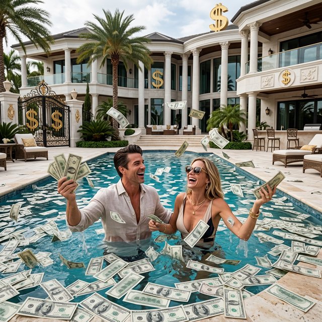 A wealthy adult couple swimming in a huge pool full of money, near a huge mansion with dollar signs on it, with a fun, happy vibe. — Nano Banana 2.1