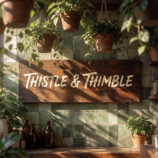 At a neighborhood greenhouse café, sunlight filters through hanging herbs above a tiled counter; "THISTLE & THIMBLE" is painted in hand-lettered cream script across a deep green wooden menu board. — Krea 2 Medium