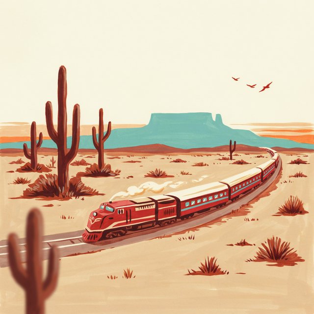 At dawn, a scarlet desert train curves past saguaro silhouettes toward a mesa; screen-printed gouache illustration in mid-century travel-poster style, palette of rust, turquoise, sand, and cream, no lettering. — Ideogram v4