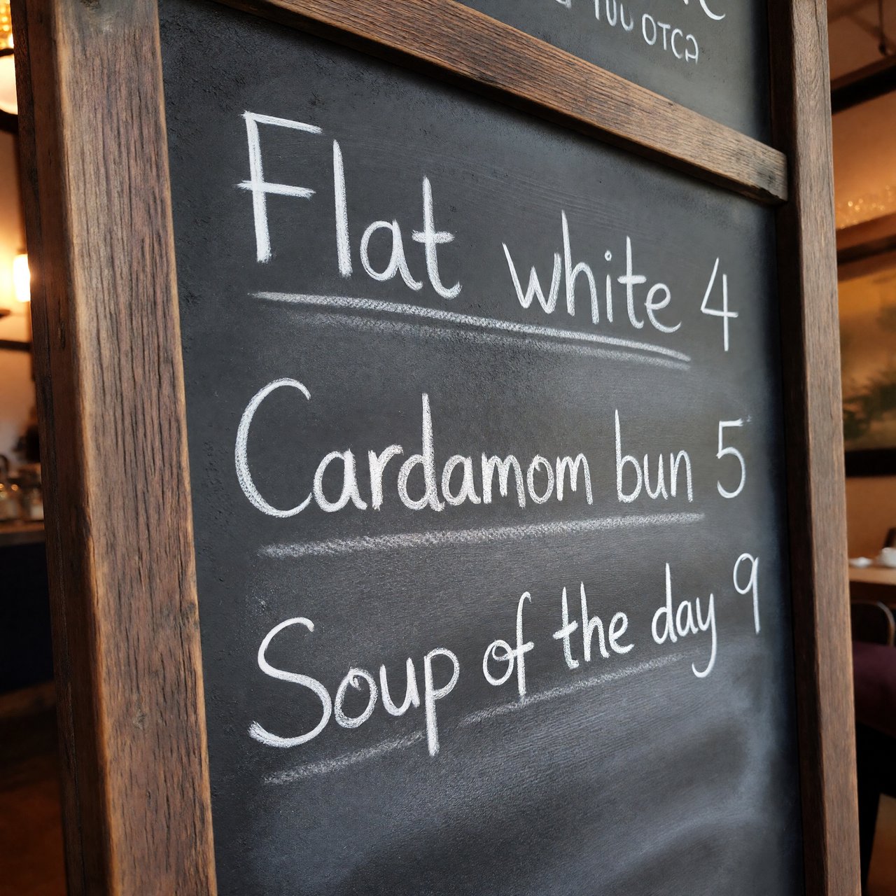 A café chalkboard listing exactly three items: "Flat white 4", "Cardamom bun 5", "Soup of the day 9", in neat chalk handwriting. — ImagineArt 1.5 Pro