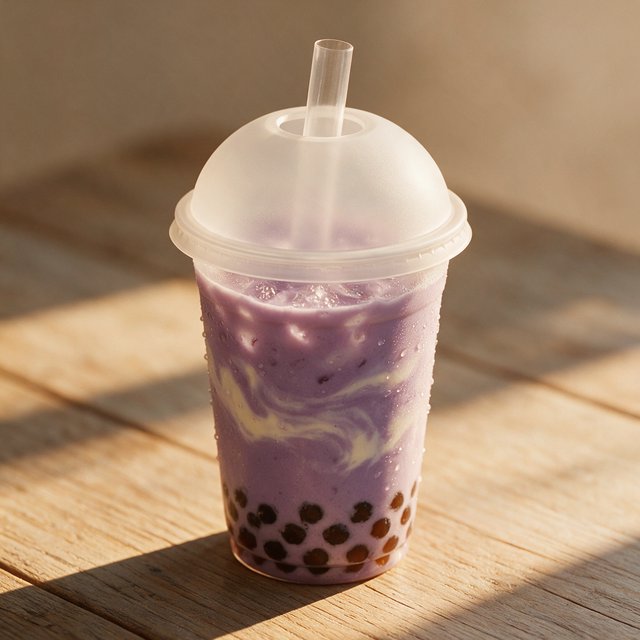 Photorealistic product shot of iced taro bubble tea in a clear frosted plastic cup, condensation beading down curved sides, wide clear straw piercing matte white domed lid. Plump dark brown tapioca pearls settled at the base, swirled creamy purple tea with soft marbled cream streaks, fine ice crystals glinting inside. Resting on weathered light oak table, soft golden hour side lighting casting gentle long shadows, warm neutral beige background. Shallow depth of field, sharp focus on glass texture and pearl details, professional food photography aesthetic, soft moody warm colour palette with rich lavender and caramel tones. — Seedream 5.0 Pro