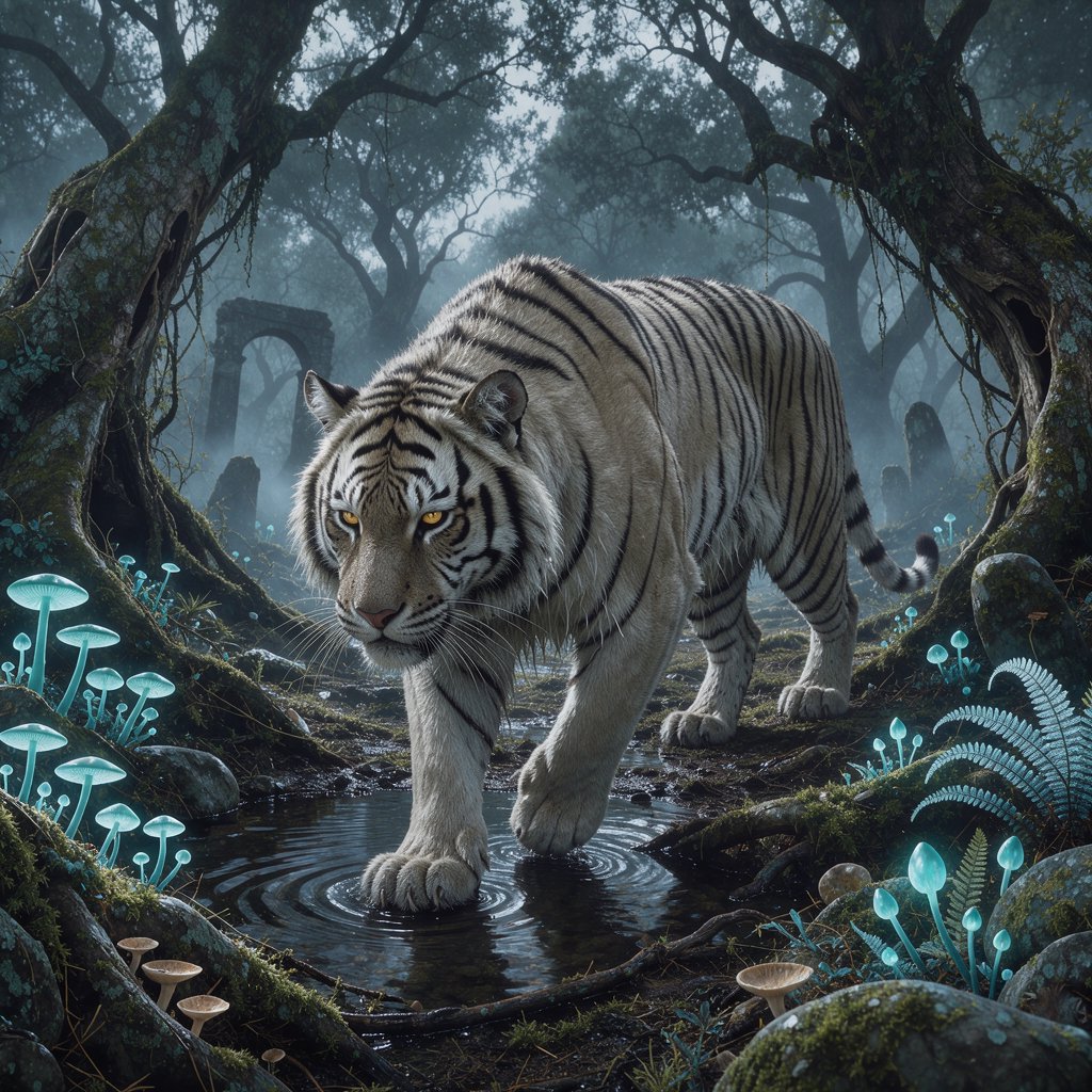 A majestic white tiger with eyes like molten gold, walking through a misty, ancient forest. Strange, bioluminescent flora casts an ethereal glow on the gnarled trees and moss-covered stones. The atmosphere is one of profound mystery and quiet solitude. Rendered in the style of detailed matte painting with a touch of dark fantasy concept art. — FLUX 3 Image