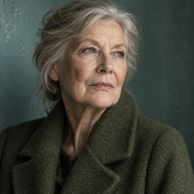 Beside a faded teal studio wall, a close-up fashion portrait frames an adult woman aged 68–76, her weathered skin softly detailed; she wears a moss-green wool coat and holds a calm, searching gaze in gentle side light. — Model 4