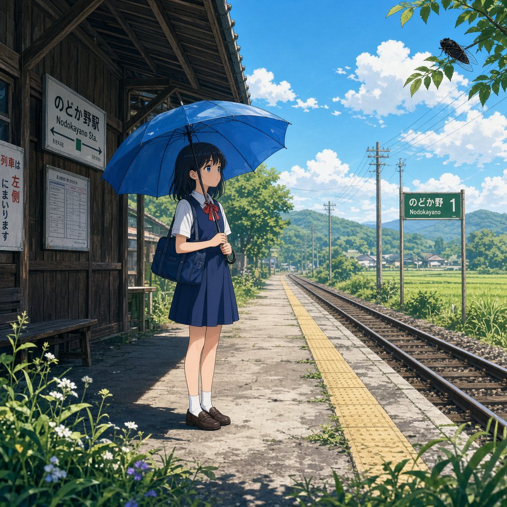 Anime-style illustration of a girl with a blue umbrella waiting at a rural train station in summer, cicadas implied by heat haze, cel shading. — Grok Imagine Image 2