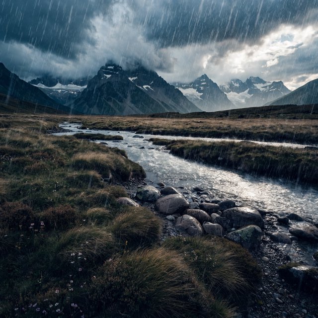 A windswept alpine meadow beneath heavy morning clouds, fresh rain darkening the grasses, a braided stream winding toward distant snowcapped peaks, tiny wildflowers and wet stones sharpening the foreground texture and layered depth. — Recraft v4 Pro