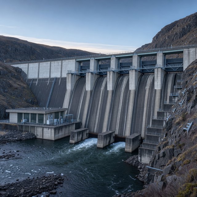 A broad hydroelectric dam in contemporary Brutalist engineering style spans a rocky gorge, its pale concrete face anchored by dark basalt abutments and steel gates; cool dawn light, viewed from downstream, with convincing load-bearing geometry. — Model 1
