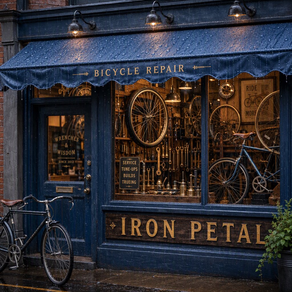 Rain beads on a bicycle repair shop’s blue awning, with wheels and brass tools visible behind the glass; “IRON PETAL” is lettered in warm yellow enamel capitals across the wooden fascia. — GPT Image 2