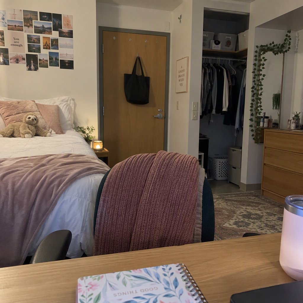 A dorm room belonging to an adult woman, photographed with a cell phone. The camera is sitting on a desk facing the empty chair and the rest of the room. — GPT Image 2.5 Sunburst