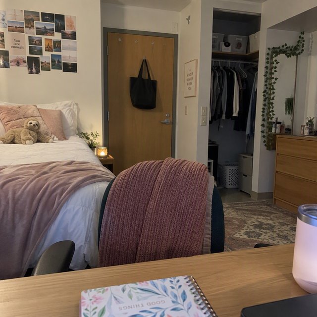 A dorm room belonging to an adult woman, photographed with a cell phone. The camera is sitting on a desk facing the empty chair and the rest of the room. — GPT Image 2.5 Sunburst