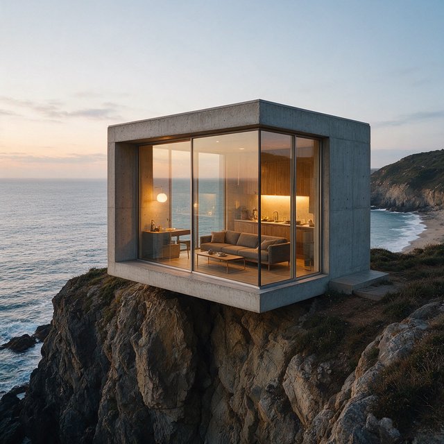 Exterior of a small concrete-and-glass house on a cliff above the sea, dusk, interior lights on, architectural photography. — Seedream 5.0 Pro