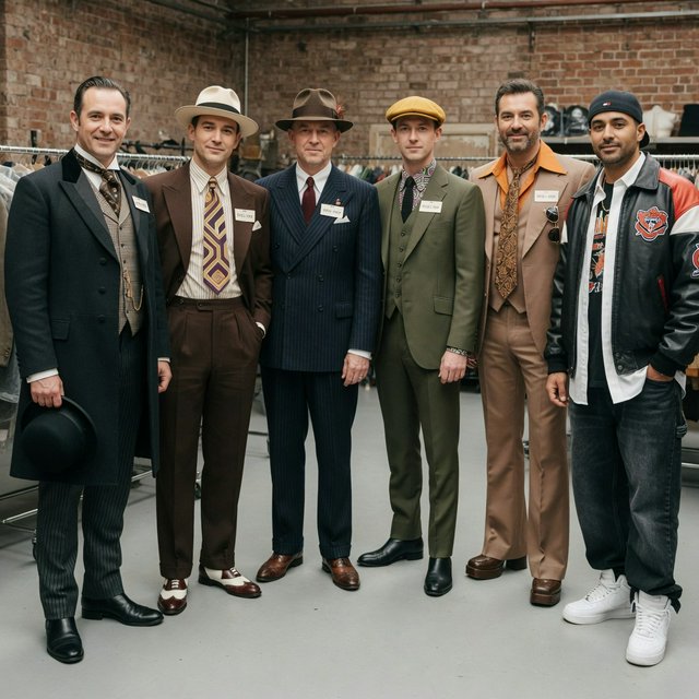 A realistic image only, showing nice outfits worn by adult men from at least 4–6 different eras. Mention the time range for each era. — Grok Imagine Image Quality