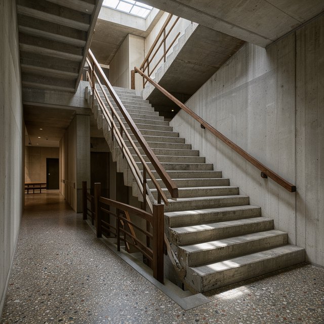 At the heart of a restrained Brutalist museum, a folded concrete stair rises beside smoked-oak handrails and terrazzo landings; skylight washes the treads, seen from the lower landing, with aligned flights and believable supports. — FLUX 3 Image Klein