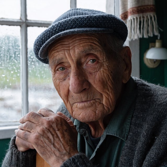 Close-up portrait of an elderly fisherman with deep wrinkles and a knitted cap, catchlights in the eyes, weathered skin texture, soft window light. — Recraft v4 Pro