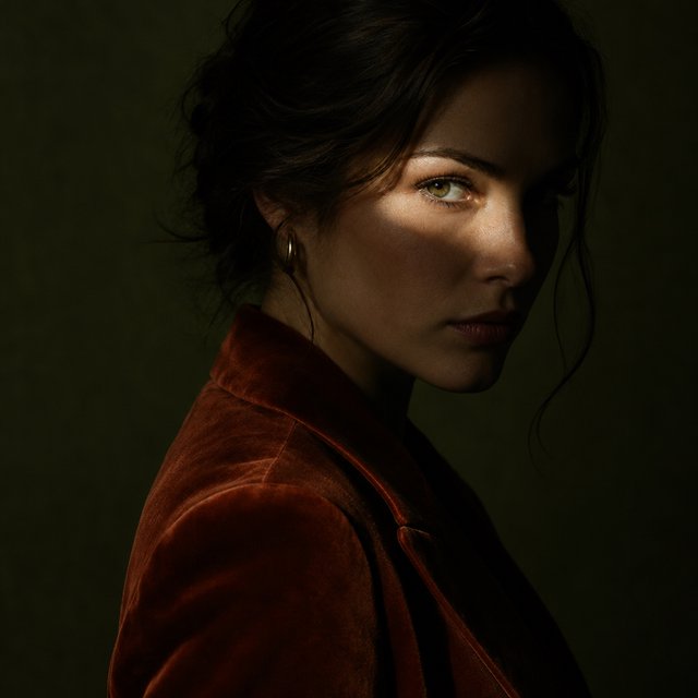 Her guarded gaze catches a solitary beam in a low-key fashion portrait: an adult woman aged 27–35 wears a rust-colored velvet blazer, the rest of her face falling into shadow against a deep olive backdrop. — GPT Image 2.5 Flare