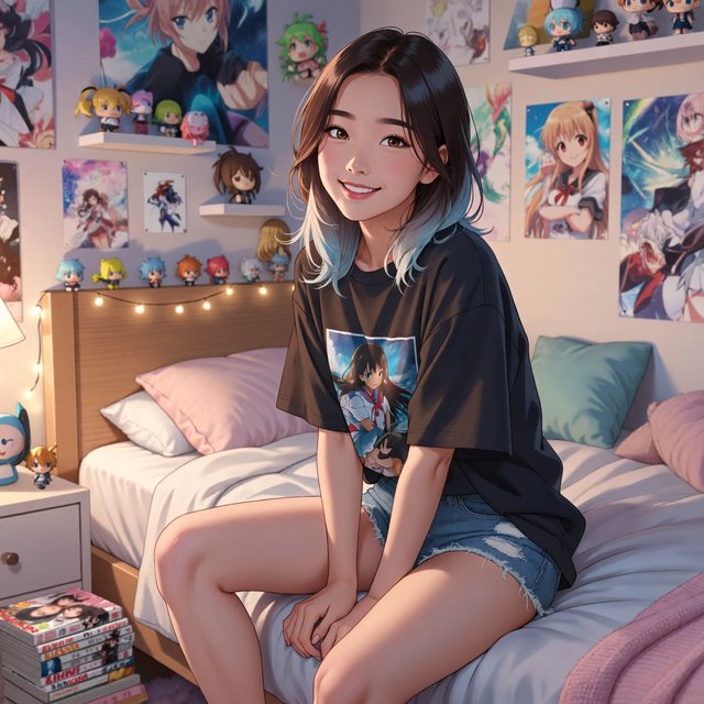 A young beautiful woman of Chinese descent, she is twenty years old, sitting in a bedroom, sitting on the edge of her bed. She is wearing a black anime-themed shirt and denim shorts. She has dark brown hair with light blue highlights, brown eyes, pale skin. Her bedroom has anime- and video game-inspired posters and trinkets. Looking at the viewer, smiling. — ImagineArt 2