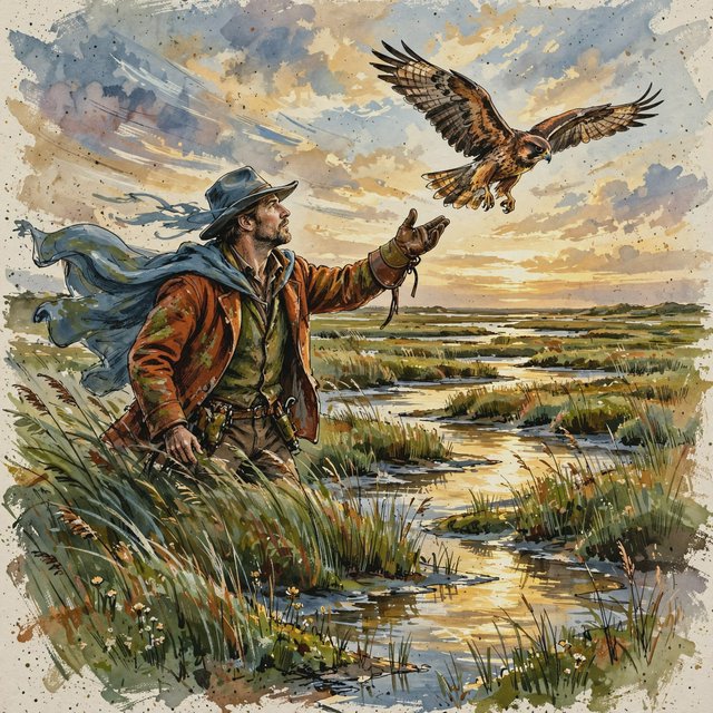 Ink-and-gouache illustration of an adult falconer releasing a hawk above a salt marsh, reeds bending in the wind and tidal pools catching sunset. Palette of rust, moss green, pale gold, and slate blue, with lively brushwork. — Muse Image 1.0
