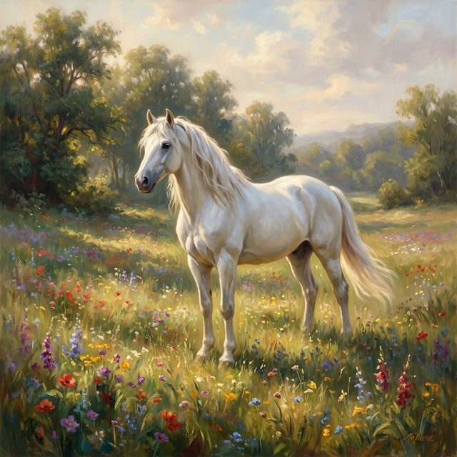 a regal white horse with a flowing mane, standing in a sun-dappled meadow filled with vibrant wildflowers. Gentle light illuminates the scene, highlighting the horse's powerful physique and the delicate details of the flowers. The style is reminiscent of Romantic era landscape paintings with a soft, impressionistic touch. — Nano Banana 2.1