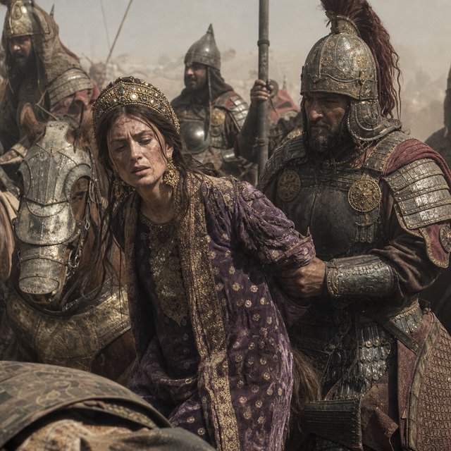 Film capture. Cinematic scene of the Byzantine empress being captured by Sassanid cataphracts. Harsh desert lighting. Shallow depth of field. The image takes place in the aftermath of a battle. All of the subjects are dusty and disheveled. — GPT Image 2
