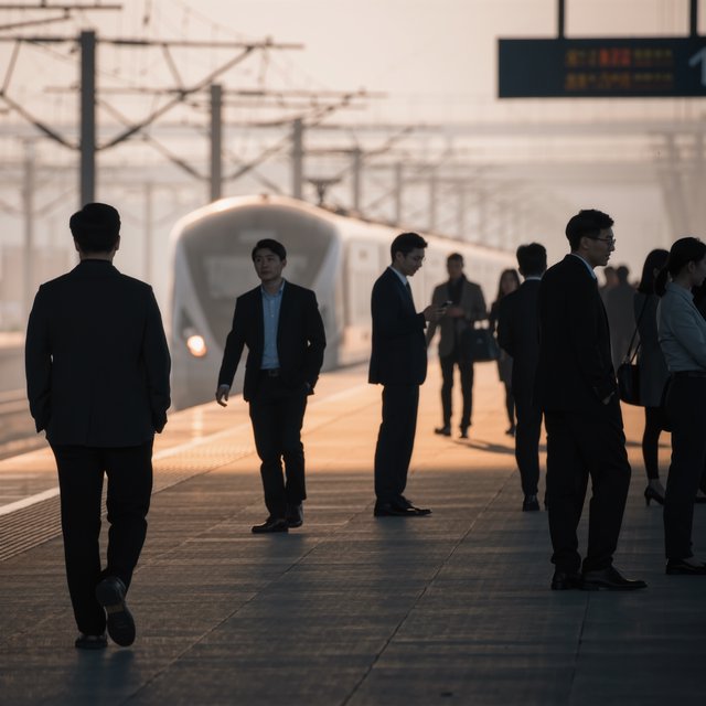 Across a broad station platform, adult commuters wait in loose clusters as a train approaches through pale dawn haze. A real-world press photograph uses a 135mm lens and deep focus; fine brake dust hangs in the sunlit air. — Kling v3 Omni