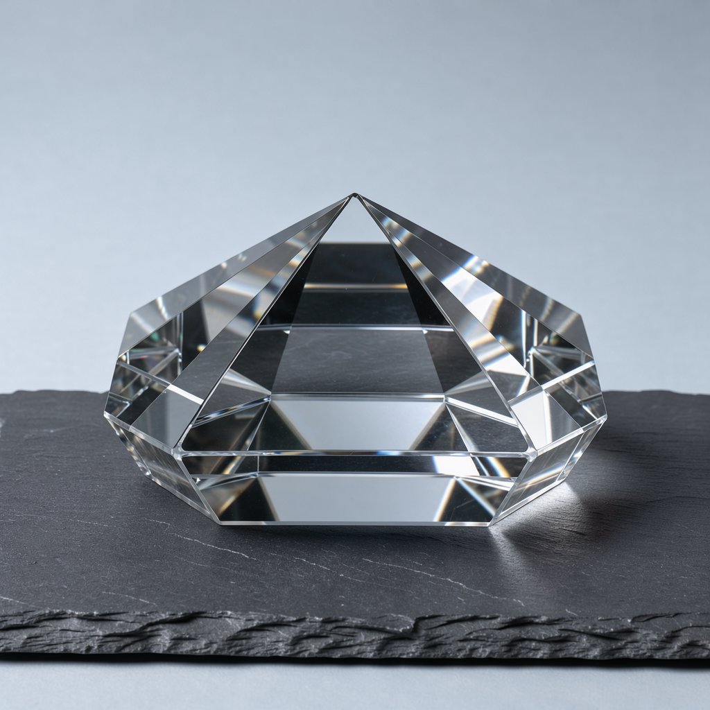An unbranded, unmarked faceted optical-glass paperweight rests on charcoal slate against a pale blue-gray background; broad diffused studio light and a narrow side highlight reveal crisp internal refractions and bright edge reflections. — FLUX 3 Image