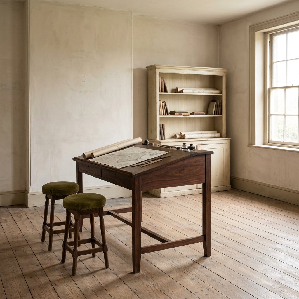 A quiet mapmaking room contains exactly one walnut drafting desk at the center, two moss-green stools side by side along its west edge, and one cream bookcase against the north wall; pale morning light, nothing else. — Nano Banana 2.1