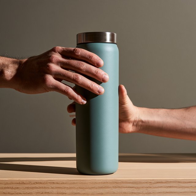 An adult hand lifts an unbranded insulated travel mug, its matte sea-glass polymer body and brushed-steel rim catching softbox highlights above a pale oak counter; warm gray studio backdrop, broad diffused key and cool edge light, no face or lettering. — Midjourney V8.2