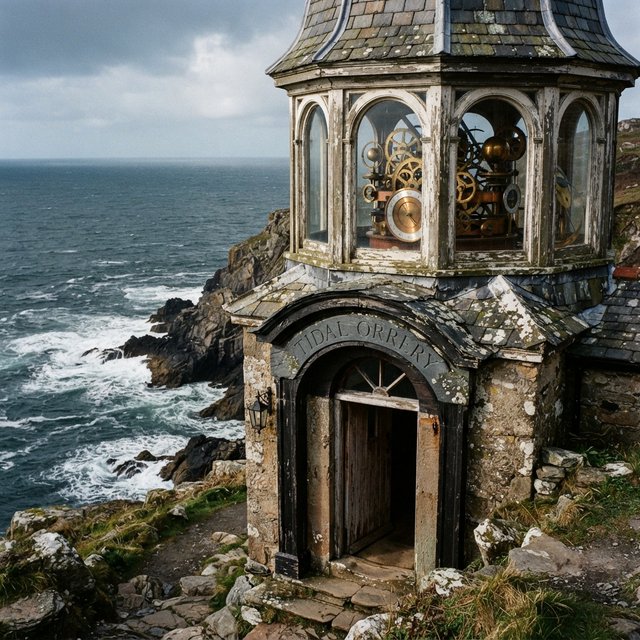A weathered coastal observatory overlooks dark water, its brass instruments visible through arched windows; "TIDAL ORRERY" is carved into a slate lintel above the entrance, salt spray softening the deep engraved grooves. — Nano Banana 2 Lite