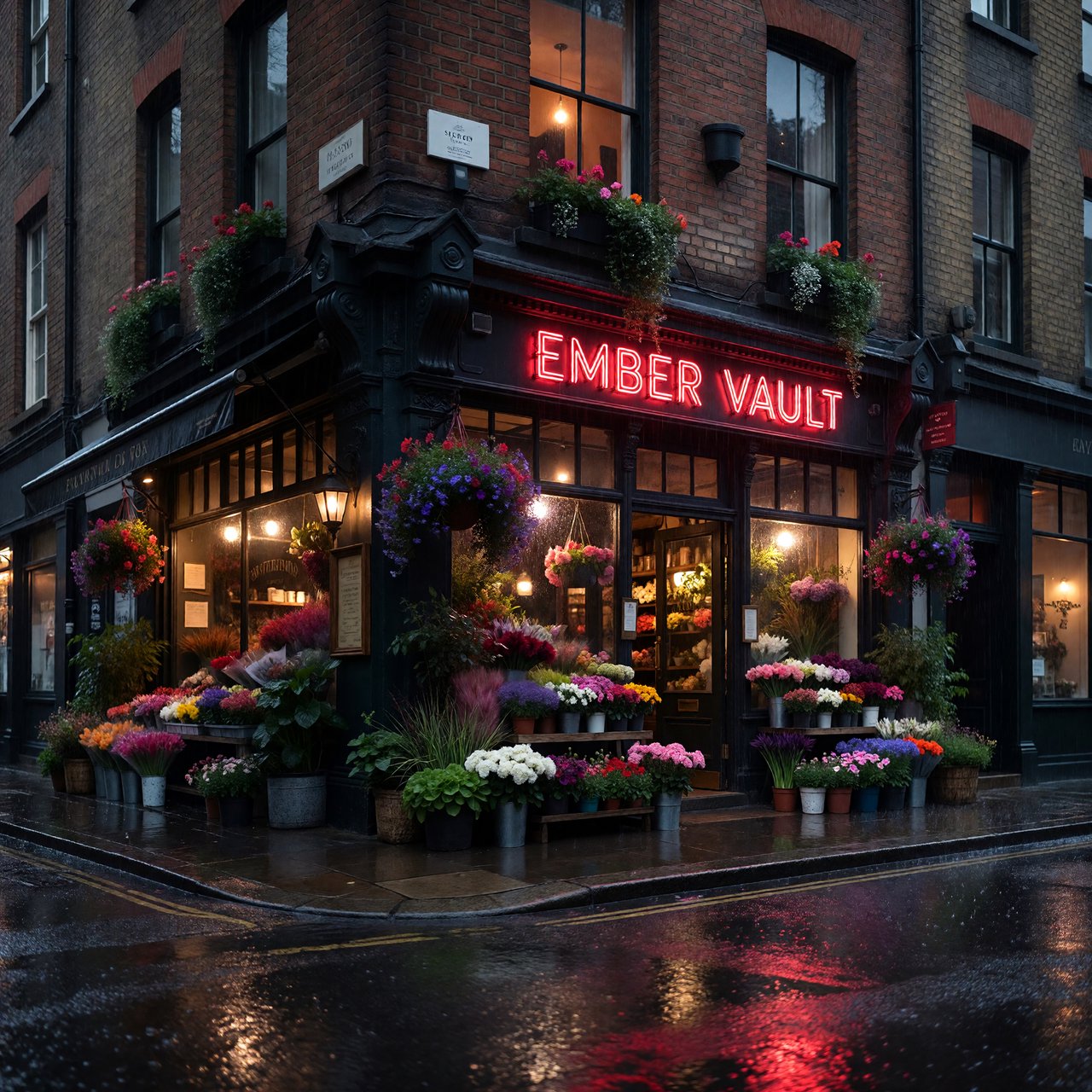 At dusk, a narrow flower shop with rain-dark brick, overflowing window boxes, and warm interior light; the invented name "EMBER VAULT" is rendered in red neon tubing above the entrance, reflected in puddles. — ImagineArt 1.5 Pro