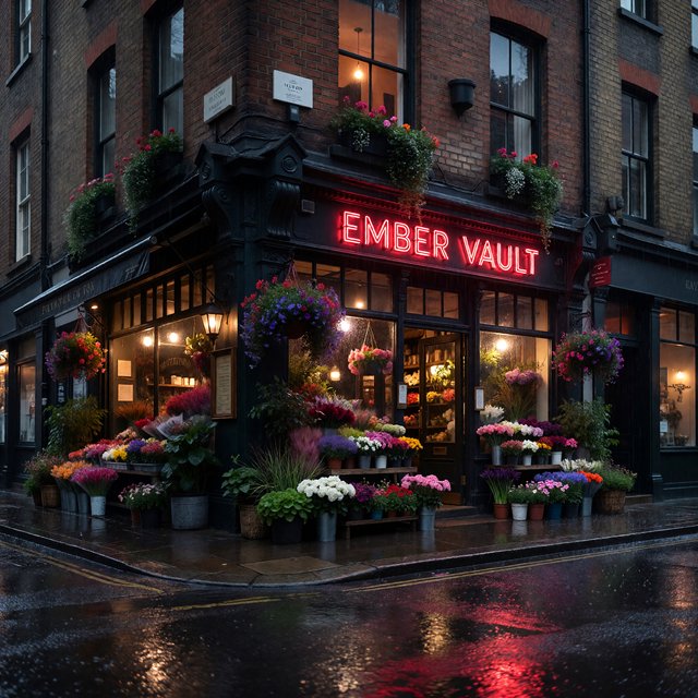 At dusk, a narrow flower shop with rain-dark brick, overflowing window boxes, and warm interior light; the invented name "EMBER VAULT" is rendered in red neon tubing above the entrance, reflected in puddles. — ImagineArt 1.5 Pro