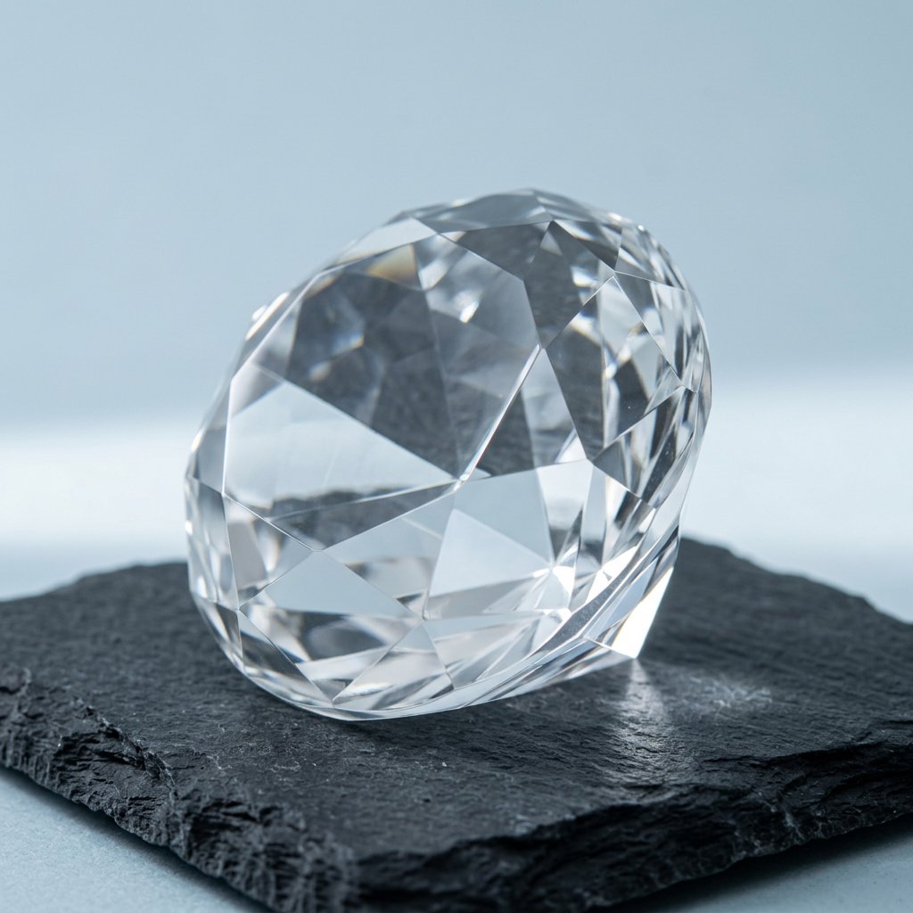 An unbranded, unmarked faceted optical-glass paperweight rests on charcoal slate against a pale blue-gray background; broad diffused studio light and a narrow side highlight reveal crisp internal refractions and bright edge reflections. — Nano Banana 2.1