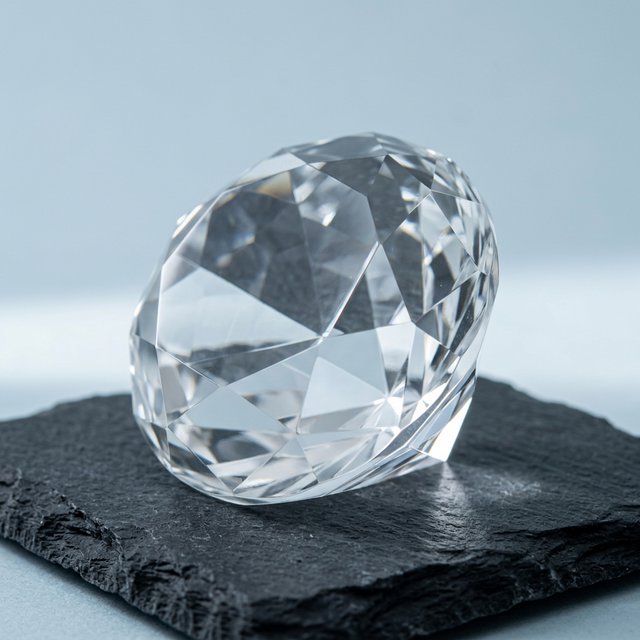 An unbranded, unmarked faceted optical-glass paperweight rests on charcoal slate against a pale blue-gray background; broad diffused studio light and a narrow side highlight reveal crisp internal refractions and bright edge reflections. — Nano Banana 2.1