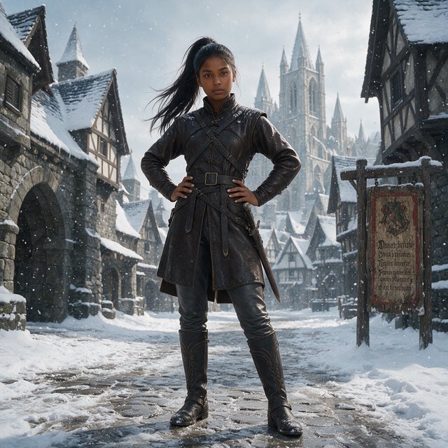 An eighteen-year-old woman. She has long straight black hair tied up, brown eyes, and dark skin. She is wearing a dark leather tunic, grey leather pants, and leather boots. She has a sheathed dagger on her hip, standing with her hands on her hips and looking at the viewer. She is standing in a snowy medieval city. — Model 20