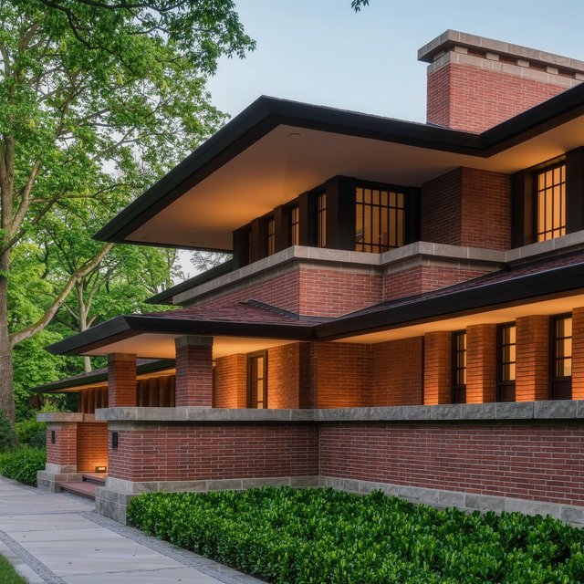 Exterior of a Prairie School residence with broad overhanging eaves, warm brick, limestone courses, and ribbon windows; amber evening light grazes the facade, viewed obliquely from a garden path, with disciplined horizontal lines and credible structure. — Kling v3 Omni