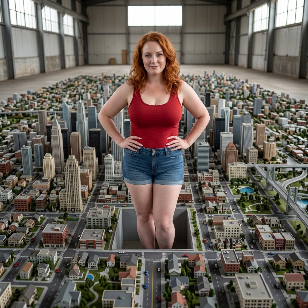 A beautiful adult woman with red hair, pale skin, and blue eyes. She has a slim but curvy body, a very large bust, and thick thighs. She has long pink manicured nails and is wearing a red low-cut singlet and tight denim shorts, along with light makeup. She is standing in a large empty space. A realistic-looking miniature city covers the whole floor, and the woman is standing in the middle of it with her hands on her hips, looking at the viewer. — Nano Banana 2.1
