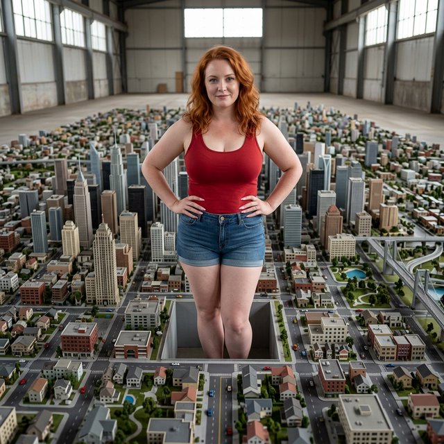 A beautiful adult woman with red hair, pale skin, and blue eyes. She has a slim but curvy body, a very large bust, and thick thighs. She has long pink manicured nails and is wearing a red low-cut singlet and tight denim shorts, along with light makeup. She is standing in a large empty space. A realistic-looking miniature city covers the whole floor, and the woman is standing in the middle of it with her hands on her hips, looking at the viewer. — Nano Banana 2.1