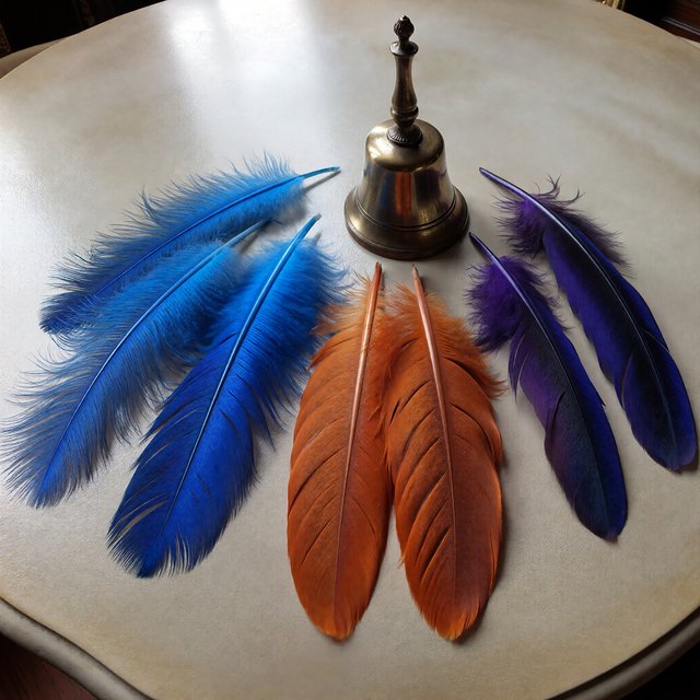 Exactly seven feathers lie on a cream tabletop: three blue on the left, two orange in the center, and two purple on the right. A brass bell sits above the orange pair, nothing else. — ImagineArt 1.5 Pro