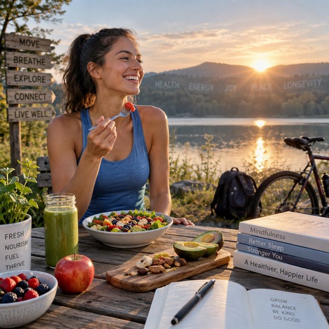 Realistic image depicting great health in many ways. In the background, words related to health are hidden in plain sight. — GPT Image 2.5 Sunburst