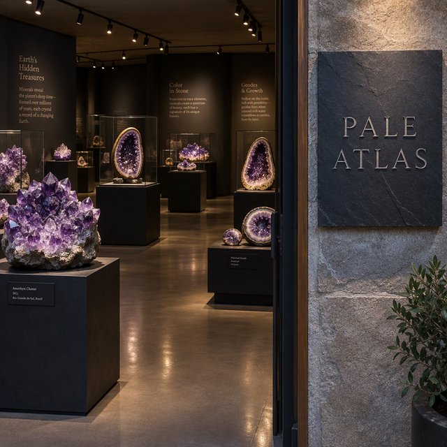 Within a quiet mineral gallery, amethyst clusters and polished geodes catch pools of light; "PALE ATLAS" is carved in clean capitals across a slate plaque beside the entrance. — GPT Image 2.5 Flare